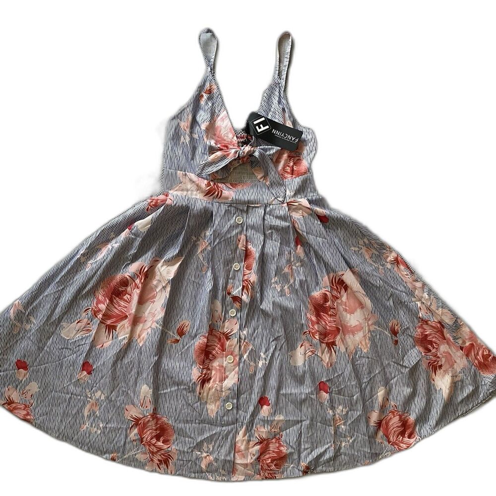FancyInn Halter Dress Womens M Mini Cutout Striped Floral Spaghetti Straps Blue